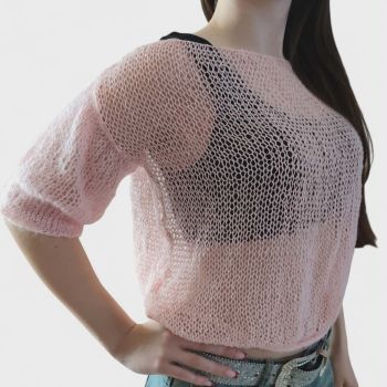 Matilda – Hand-knitted cashmere pullover | Powder pink, mesh pattern